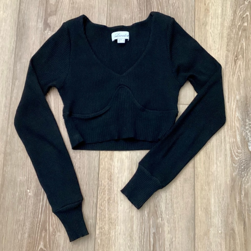 Luvalot Women’s Black Deep V Ribbed Long Sleeved Crop Top‎ SIZE 4 Streetwear